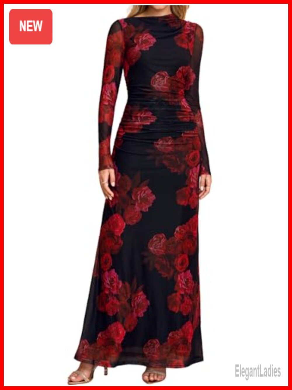 Long Sleeve Mesh Bodycon Floral Maxi Dress Wedding Guest
